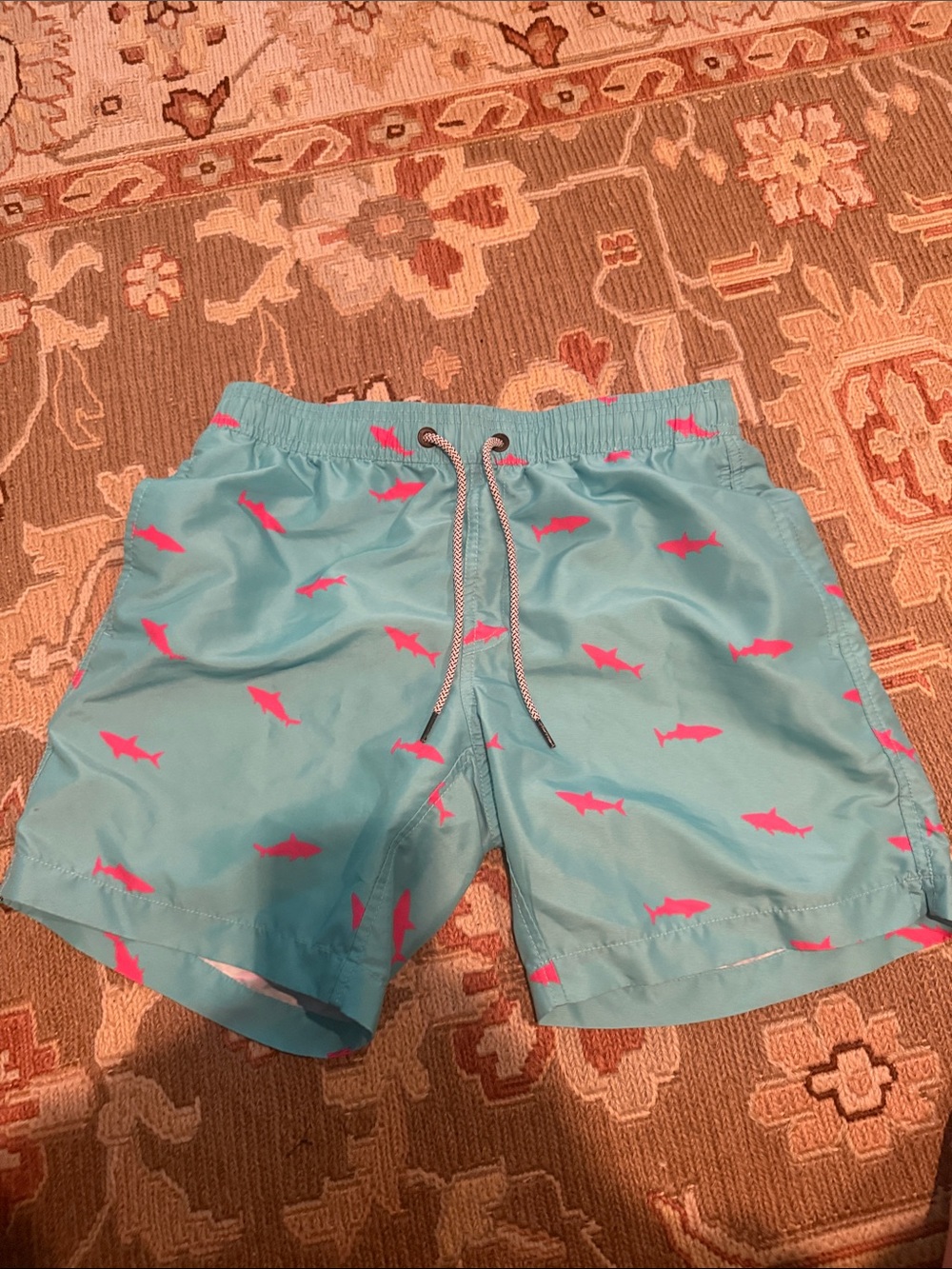 Aqua Swim Trunks with Pink Shark Print